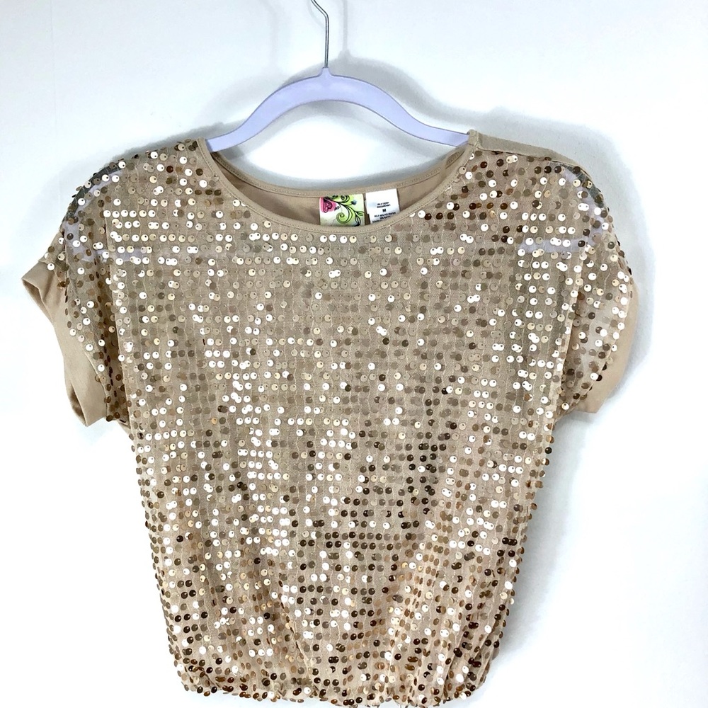 Kyut champagne colored sequined crop top Sz med - Picture 2 of 5